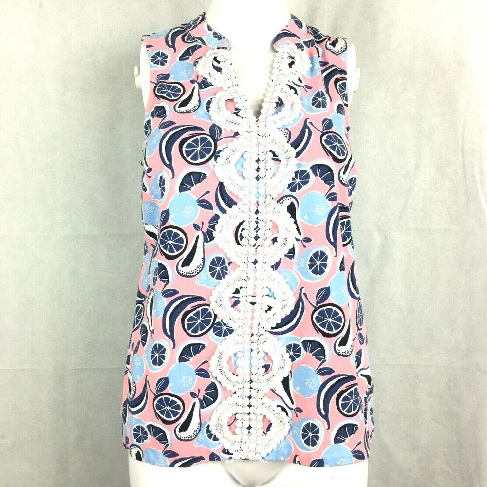 Crown & Ivy Shirt Womens Sz XS Pink Blue Fruit Print Lace Trim Knit Sleeveless